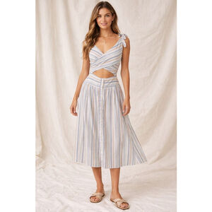 Women's Free People Striped Kansas City Girl Midi Dress Size 6 White/Blue/Tan